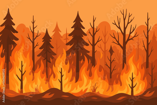 Forest fire panoramic vector illustration. Wildfire burning in a pine forest. Trees engulfed in flames. Concept of natural disaster, climate change, ecology, global warming.
