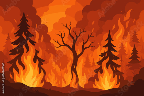Forest fire vector landscape. Natural disaster scene with burning trees. Wildfire catastrophe, concept for climate change, global warming, ecology issue, habitat destruction.