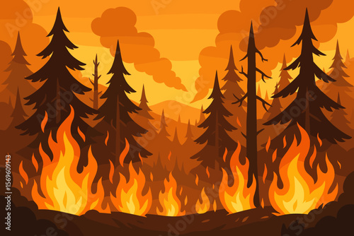 Forest fire landscape vector illustration. Wildfire natural disaster concept with burning trees, smoke, and flames. Environmental destruction, climate change, and ecology issue.