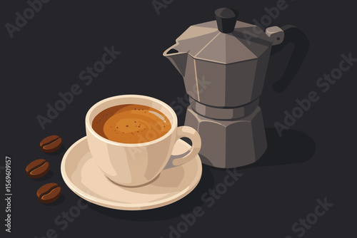 Cup of fresh espresso with an Italian moka pot coffee maker and beans on a dark background. Morning routine, coffee break concept. Modern flat vector illustration for a cafe.