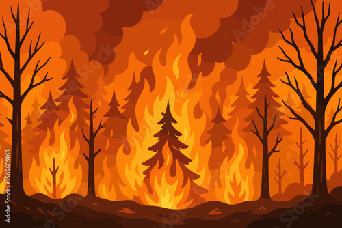 Forest fire landscape. Burning trees engulfed in flames. Natural disaster, wildfire emergency concept. Climate change, environmental destruction. Vector cartoon background.
