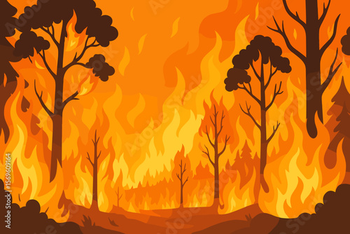 Forest fire landscape vector illustration. Wildfire destroying trees, wildlife habitat. Natural disaster. Climate change, global warming concept. Burning woods, inferno background.