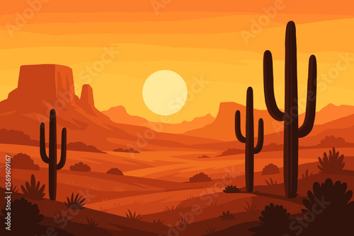 Beautiful desert landscape with cacti and mountains at sunset. Vector illustration of a scenic wild west panorama. Arizona or Mexico nature background with sun and silhouettes.