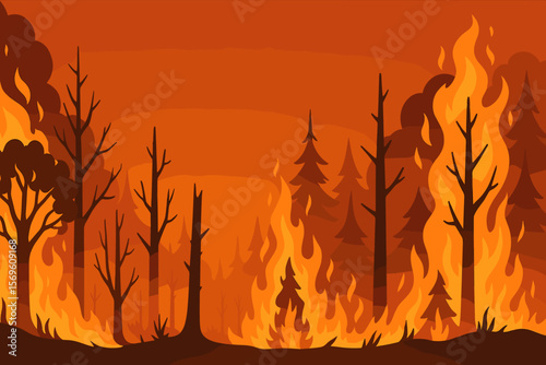 Forest fire panoramic landscape. Burning trees engulfed in flames and smoke. Wildfire natural disaster. Environmental crisis, climate change, global warming. Flat vector illustration.