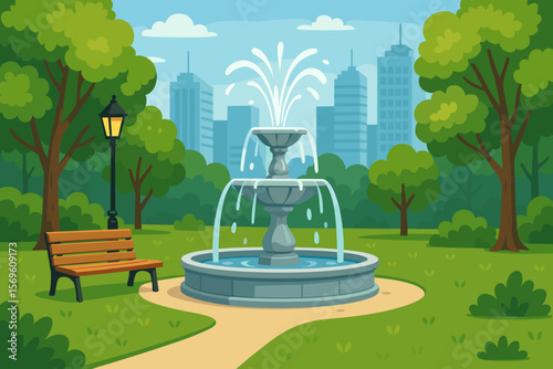 City park with fountain vector illustration. Urban summer landscape with bench, lantern, and trees. Public garden with green lawn against a cityscape background with skyscrapers.