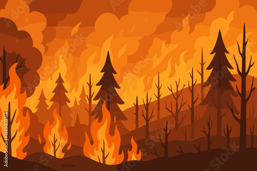 Wildfire panoramic landscape. Forest fire with burning trees, smoke, and flames. Natural disaster background vector. Concept of environmental destruction, climate change, emergency.