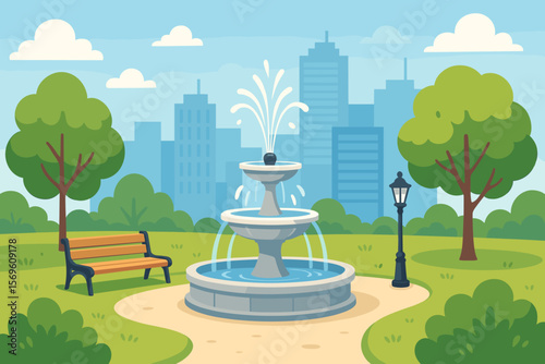 Urban oasis concept. City park with fountain, bench, and lamppost. Summer landscape with green trees and city skyline background. Public space for relaxation. Vector illustration.