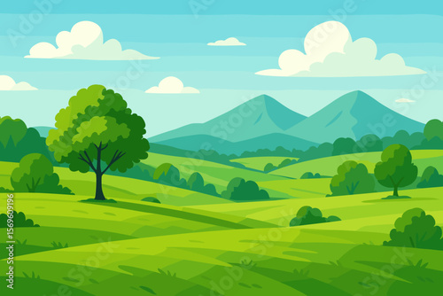 Summer landscape with green meadows, fields and hills. Beautiful nature background with mountains, trees and blue sky. Vector illustration for cartoon or game design. Rural scene.