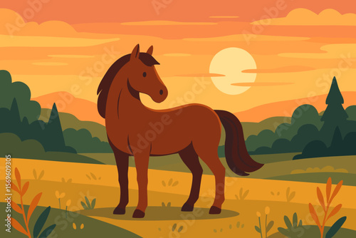 Horse in a meadow at sunset or sunrise. Beautiful countryside landscape with forest, fields, and hills. Modern flat cartoon vector illustration. Peaceful scenic view.