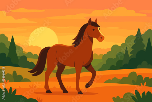 Beautiful horse walking in a meadow against a sunset or sunrise. Rural landscape with forest and fields. Modern flat vector cartoon illustration for nature or farm concept.