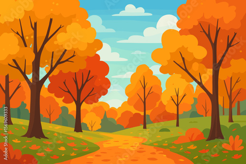 Beautiful autumn landscape with a path through the forest. Fall season scenery with colorful orange trees, leaves on the grass and blue sky. Vector nature cartoon background.