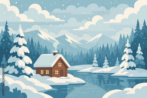 Winter landscape with a cozy wooden cabin on the lake shore. Snowy mountain forest with pine trees under falling snow. Christmas holiday vector illustration background concept.