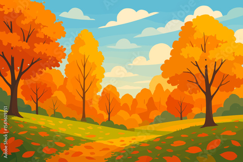 Cartoon vector autumn landscape background. Beautiful fall forest or park with colorful trees, golden foliage, green hills, and a clear blue sky. Seasonal nature scenery.
