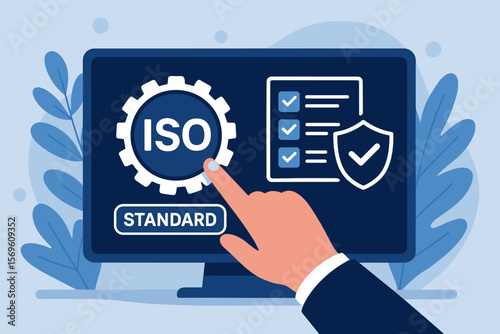 ISO standards for quality control, assurance, and business technology. Hand points to screen with ISO certification logo, checklist, and compliance shield icon. Concept of warranty.