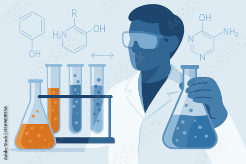 Laboratory glassware with chemical liquid for science research. Scientist with test tubes and flask, laboratory concept. Background with chemical equations. Modern vector art.