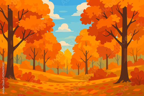 Autumn forest landscape with beautiful orange trees and colorful leaves. Vector fall park scene background. Cartoon nature illustration with golden foliage, blue sky, and clouds.