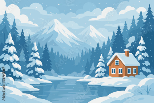 Winter landscape with cozy cabin on a lake shore in a snowy forest. Mountain scenery background. Christmas holiday illustration. Beautiful peaceful snowy day vector.