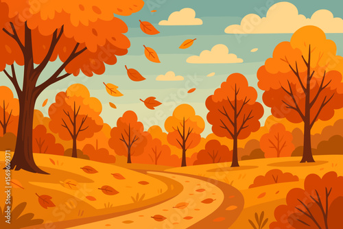 Beautiful autumn park landscape with orange trees, a winding path, and falling leaves. Scenic fall season nature background. Golden foliage in forest. Modern flat cartoon vector illustration.