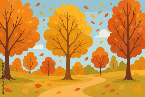 Autumn landscape vector illustration. Scenery of a fall park with colorful trees, foliage and falling leaves. Winding path through the woods. Cartoon flat design background.