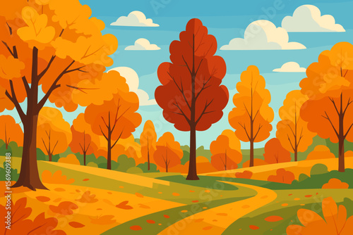 Beautiful autumn forest landscape with orange trees and falling leaves. Cartoon vector illustration of a park path, hills, and blue sky. Scenic fall nature background.