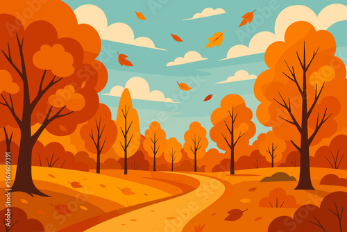 Beautiful autumn landscape with a winding path through a park or forest. Orange trees and falling leaves against a blue sky. Seasonal nature background in modern flat style. Vector.
