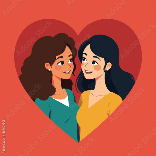 Two Smiling Women in Heart Shape Romantic Illustration