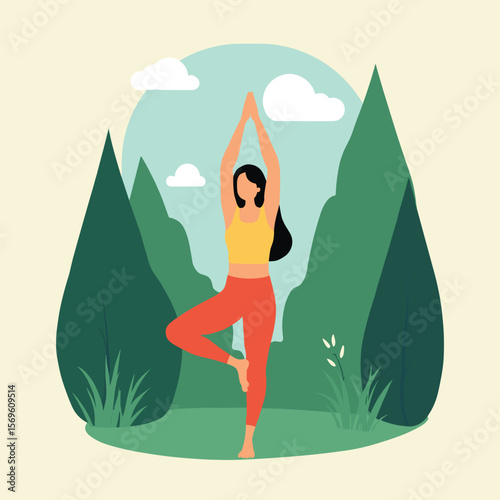 Woman Practicing Yoga Tree Pose Outdoors in Nature Illustration