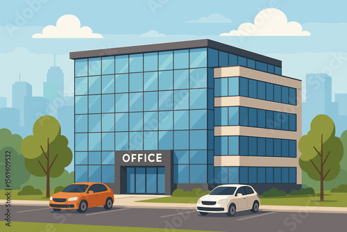 Modern office building with glass facade and a parking lot. Business center exterior in an urban park with cars. Corporate headquarters cartoon vector flat illustration concept.