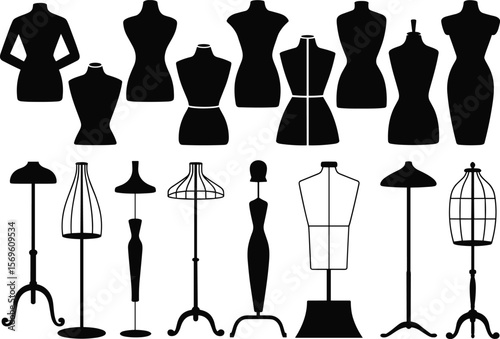 Fashion mannequin silhouette vector set, dress form design, tailoring dummy collection, vintage sewing torso, boutique display stand illustration