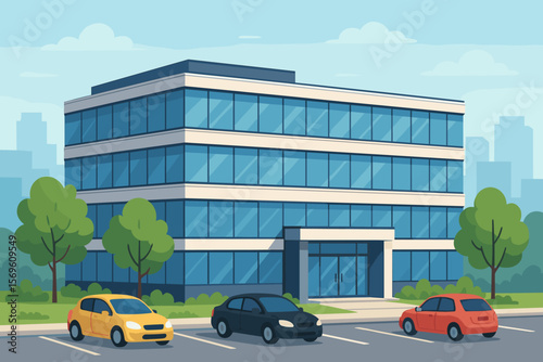 Modern office building with glass facade and car parking lot. Corporate business center architecture. Company headquarters exterior with trees in a city. Flat vector illustration.