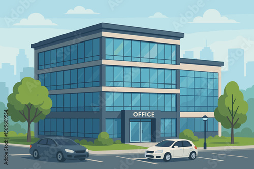Modern office building with glass facade and parking lot. Business center exterior in city. Corporate headquarters with cars. Urban workplace architecture. Flat vector illustration.