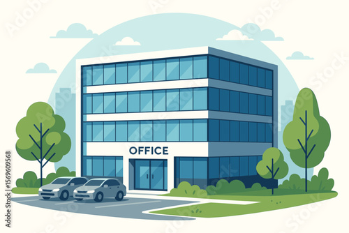 Modern office building with glass facade and parking lot. Business center exterior concept. Corporate headquarters architecture in city. Flat cartoon vector illustration.