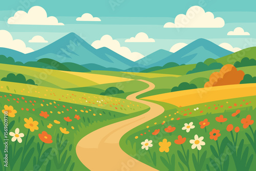 Spring landscape with flower meadow, green hills, mountains. Summer countryside with a winding road. Idyllic rural scenery and beautiful nature. Flat cartoon vector background.