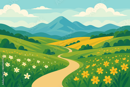 Natural landscape illustration of spring or summer fields and flower meadows. Winding road through rolling green hills and mountains. Idyllic countryside scenery vector.