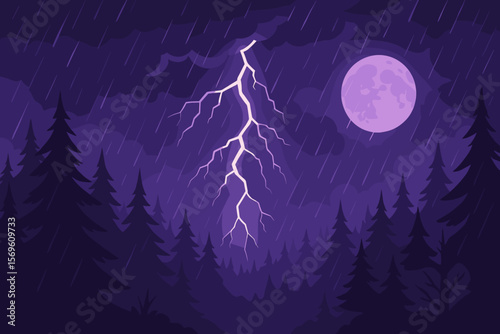 Night forest landscape with thunderstorm, rain, and a lightning bolt. Stormy weather over pine trees with a full moon in the purple sky. Dramatic natural scenery background.