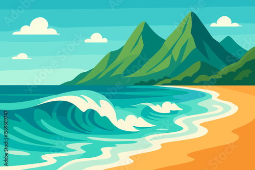 Tropical paradise beach with turquoise ocean waves, golden sand, lush green mountains, clear blue sky, scenic coastline, summer travel, modern flat vector illustration