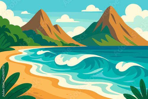 Tropical beach landscape with turquoise ocean waves, golden sand, lush green plants, and towering mountains under blue sky. Modern flat vector cartoon illustration, paradise coast nature