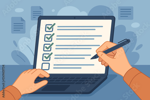 Online survey completion, digital checklist form on laptop, document management system, process automation, file organization, online data entry, workflow efficiency