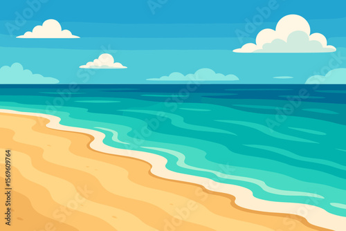 Tropical beach landscape. Summer vacation background with sandy coast and turquoise ocean waves. Seascape with blue sky and clouds. Flat cartoon vector illustration concept.