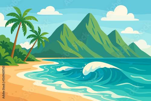 Tropical paradise beach with palm trees, turquoise ocean waves, sandy shore, lush greenery, dramatic mountain landscape, summer vacation, travel, modern flat vector illustration