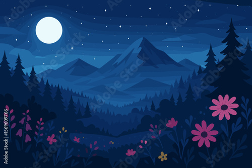 Magical night mountain landscape with full moon, starry sky, pine forest and wild flowers. Serene nature scenery for hiking and camping. Peaceful wilderness vector illustration.
