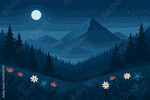 Night mountain landscape with full moon in starry sky. Tranquil nature scenery with pine forest, trees and flowers. Vector background for hiking, adventure, travel banner.