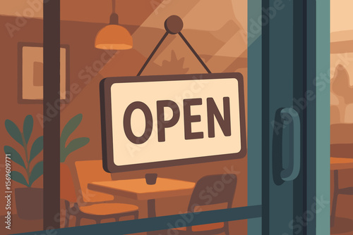 Modern cafe or restaurant open sign hanging on glass door entrance, welcoming customers, cozy interior, flat vector illustration, hospitality business concept