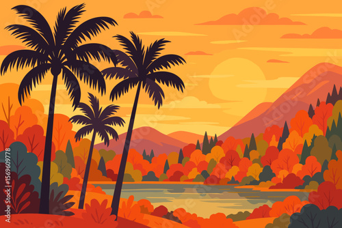Vibrant autumn landscape with palm trees at sunset, colorful mixed forest, scenic lake, mountains, orange sky, nature travel background, holiday vacation concept