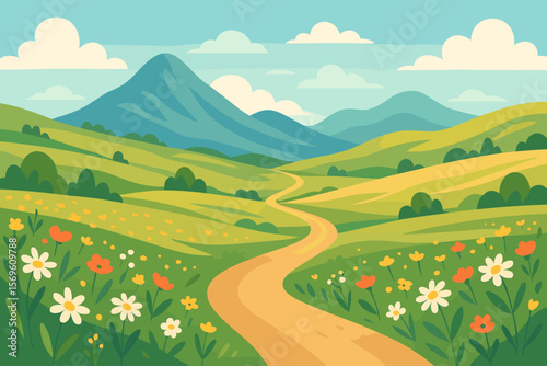 Summer landscape with green hills, mountains, and a flower meadow. Winding country road or path leading to the horizon. Beautiful nature scenery vector cartoon background.