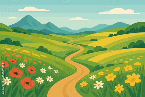 Rural summer landscape with green hills, mountains, and a winding road. Scenic countryside with a blooming flower meadow of poppies and daisies. Flat vector nature background.
