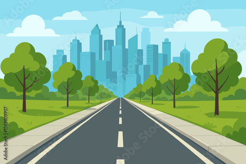 Urban cityscape highway with sidewalk, green trees, grass, and skyscrapers. Straight road leading from suburbs to downtown metropolis. Modern city infrastructure landscape