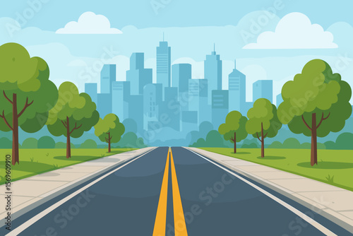 Urban cityscape highway with sidewalk, green trees, grass, and skyline. Modern road leading to downtown metropolis. Suburban route, summer day, city infrastructure, transportation concept