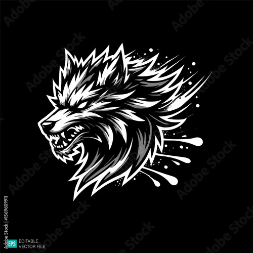 Wolf head with splash  illustration style vector black and white background templates