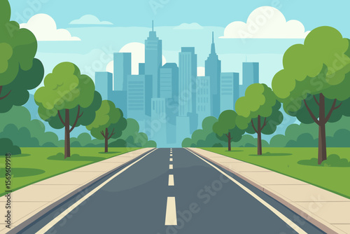 Urban cityscape with modern skyscrapers, straight highway, sidewalk, green trees, lush park, blue sky, clouds, road markings, suburban route, downtown metropolis, vector illustration